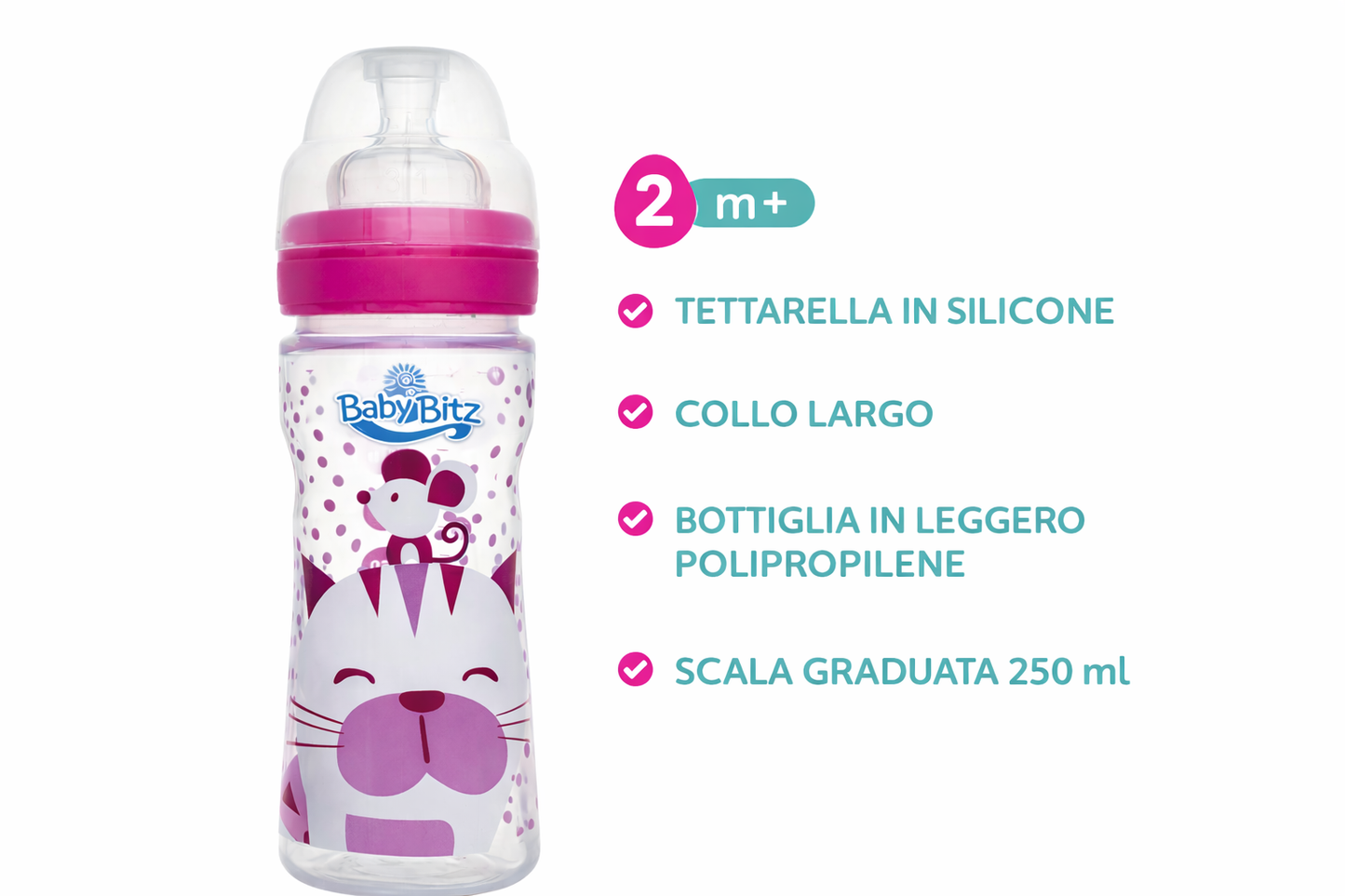 Baby Bottle Baby Bitz Polypropylene 250ml – Wide Neck – Pink & White