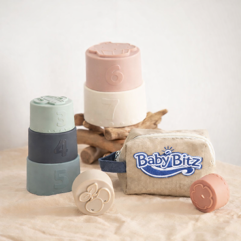 Baby Bitz Silicone Stacking Cups Set with Engraved Logo Pouch